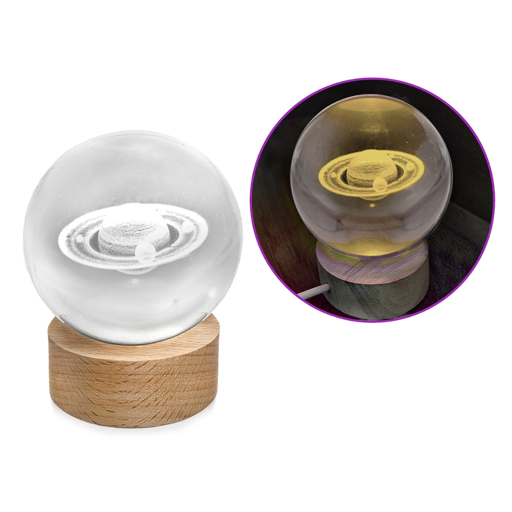 Luminária Saturno  Planeta Globo de Vidro Base LED Colorida Com Cabo USB