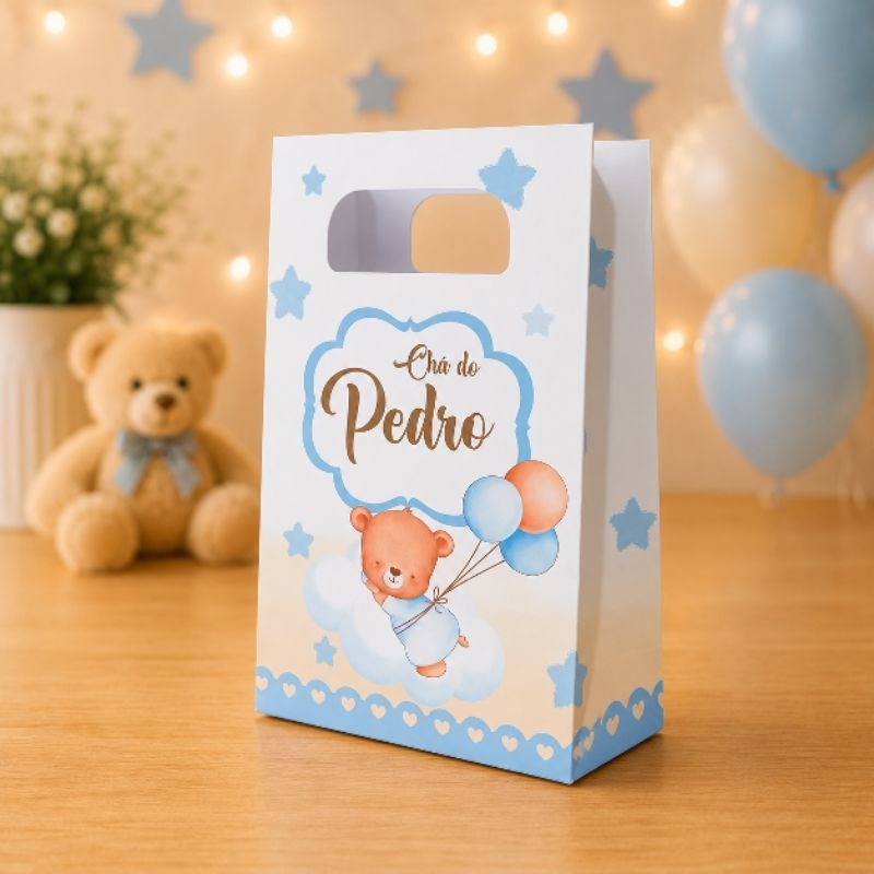 PEGUE E MONTE - Sacolinha Personalizada chá de bebê ursinho azul menino lembrancinhas para festa