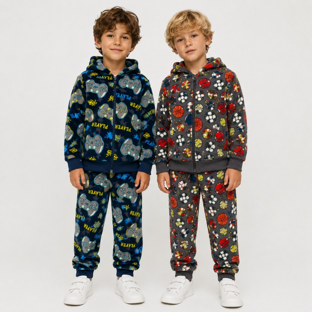 Conjunto Pijama Infantil Menino Fleece Peluciado Blusa e Calça Cores Sortidas Inverno Quentinho Frio 2 ao 8 Anos