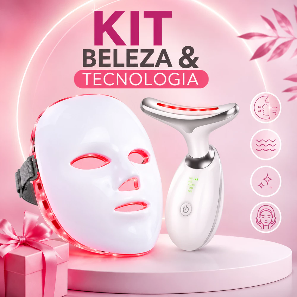 Kit Máscara Facial LED 7 Cores Fototerapia Rejuvenescimento + Massageador Facial Skin Care