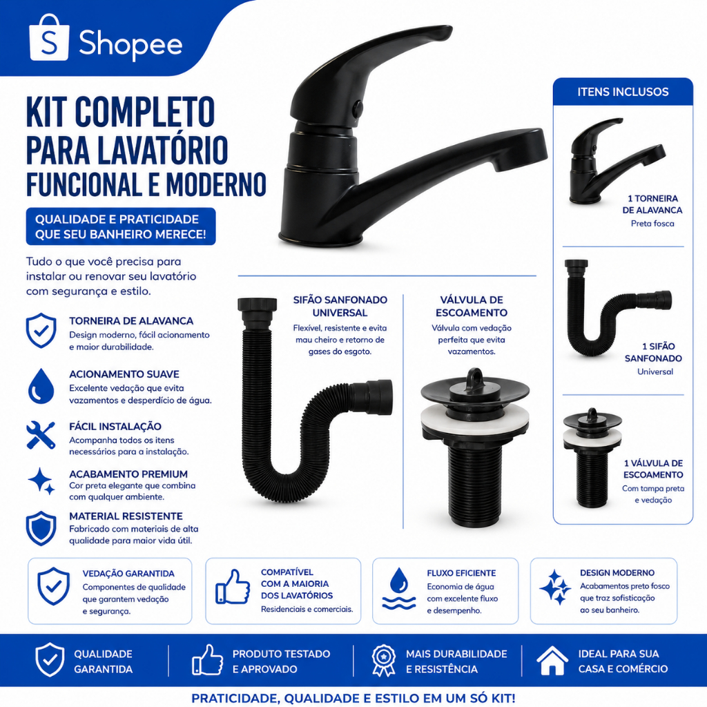 Kit Para Cuba Lavatório Torneira Pia de Banheiro Preta ABS + Valvula 7/8 + Sifão