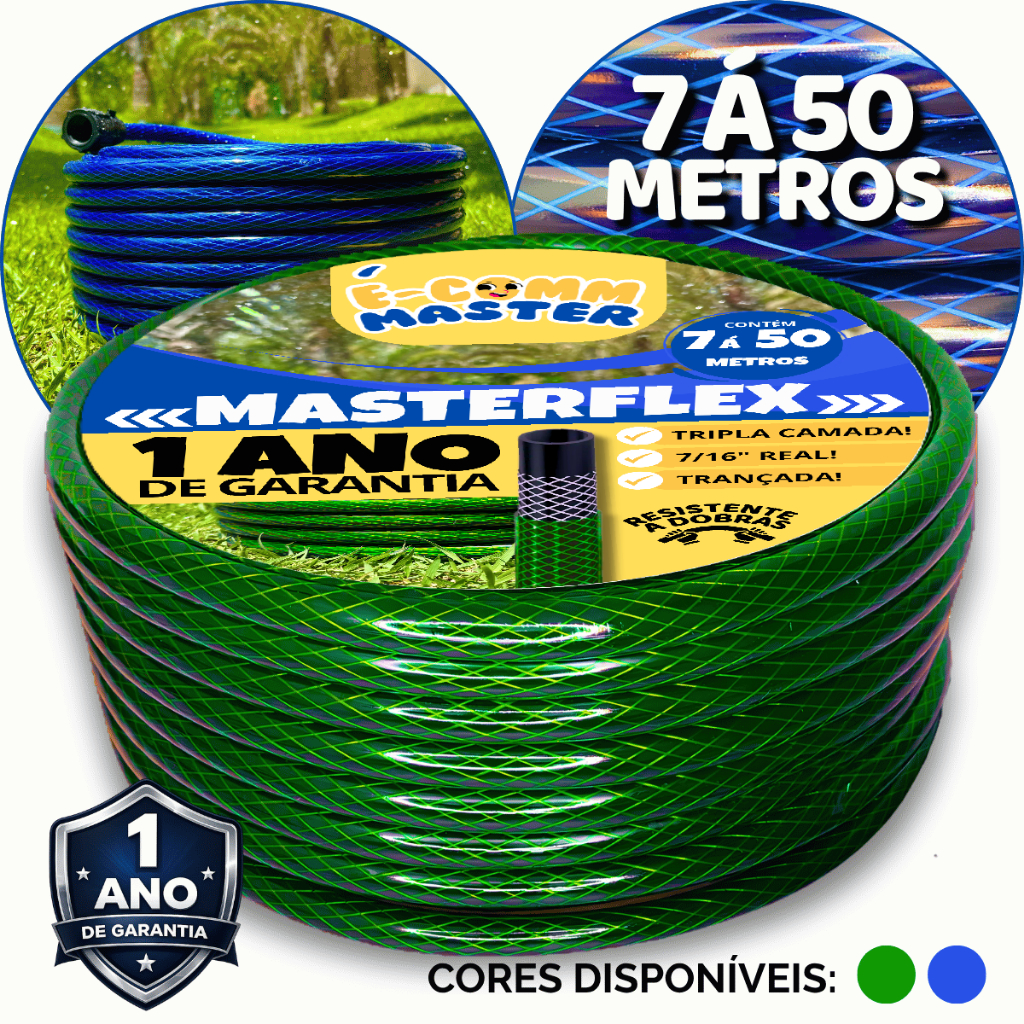 Mangueira de Jardim Verde e Azul 7m á 50m, Trançada Reforçada Tripla Camada, 7/16" Polegadas