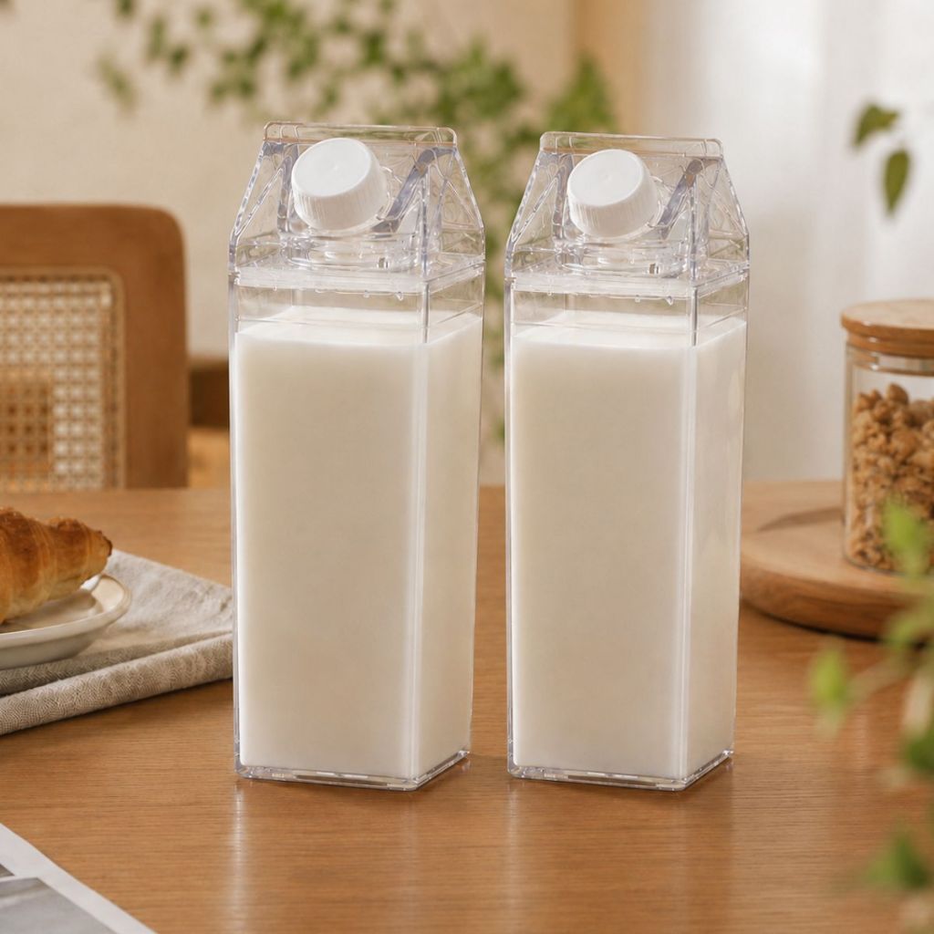 Kit 2 Garrafas 1000ml Acrílico Transparente Caixa De Leite Geladeira Suco Bebidas Água Chá
