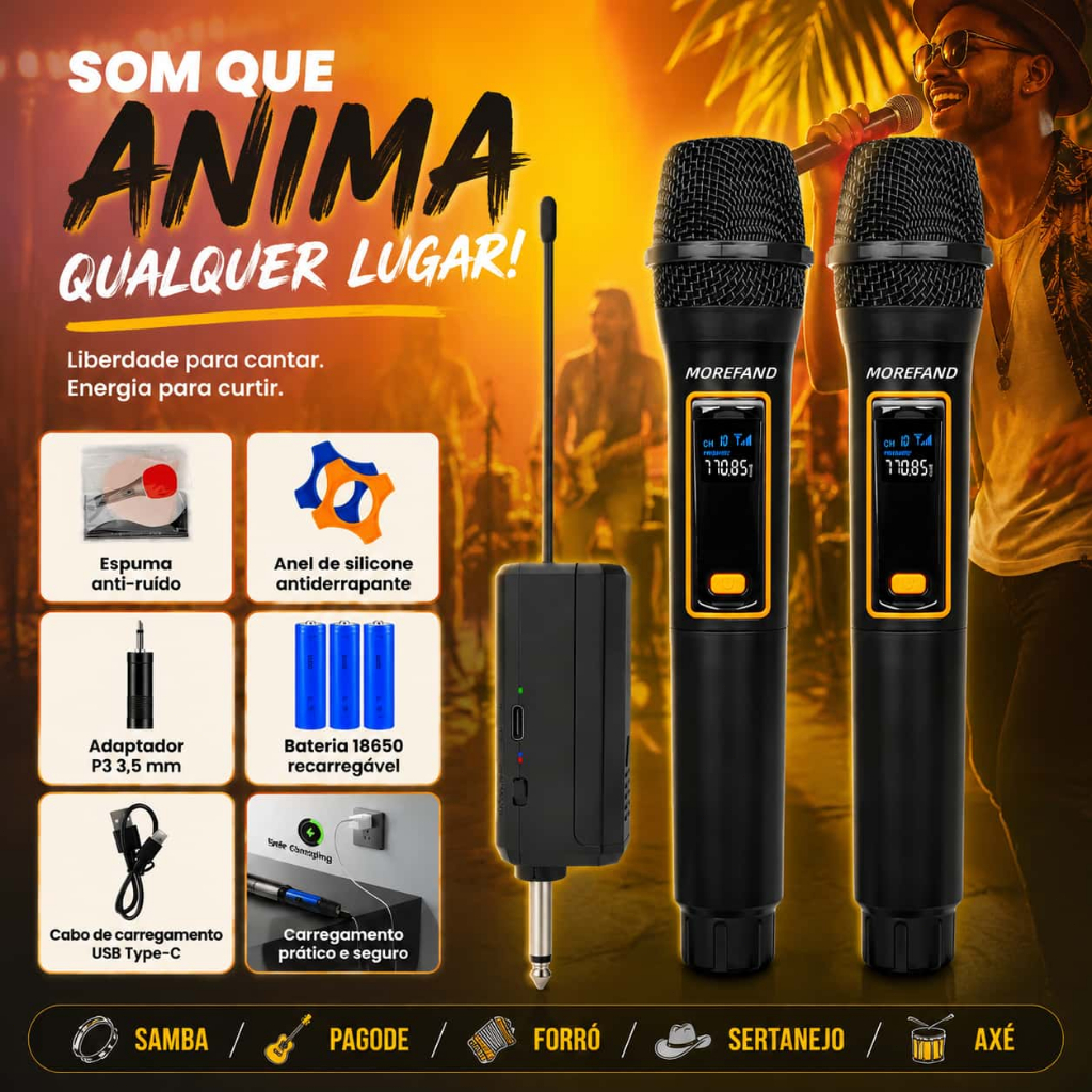 Microfone Sem Fio Profissional MOREFAND Alcance 50m Redução de Ruído Bateria 12h USB-C Plug & Play Karaokê Shows Igrejas