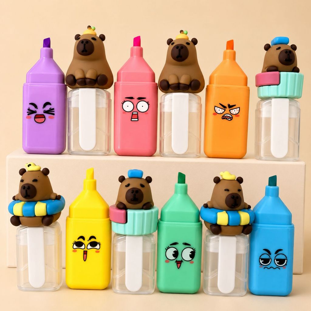 Kit com 6 Cores Marca Texto Capivara Estampa com Carinhas - Papelaria Fofa