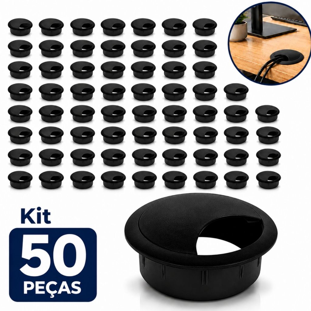 Kit 50 Passa Fio 60mm Para Mesa Escritório Móveis Organizador De Cabos