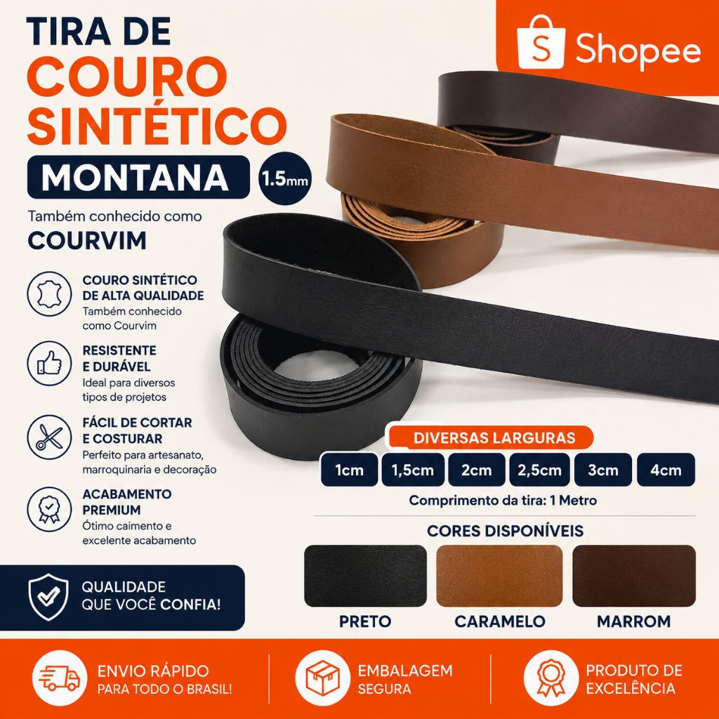 Tira de Sintético Montana 1,5mm Courvim p/ Bolsa Cinto Artesanato 1cm a 4cm