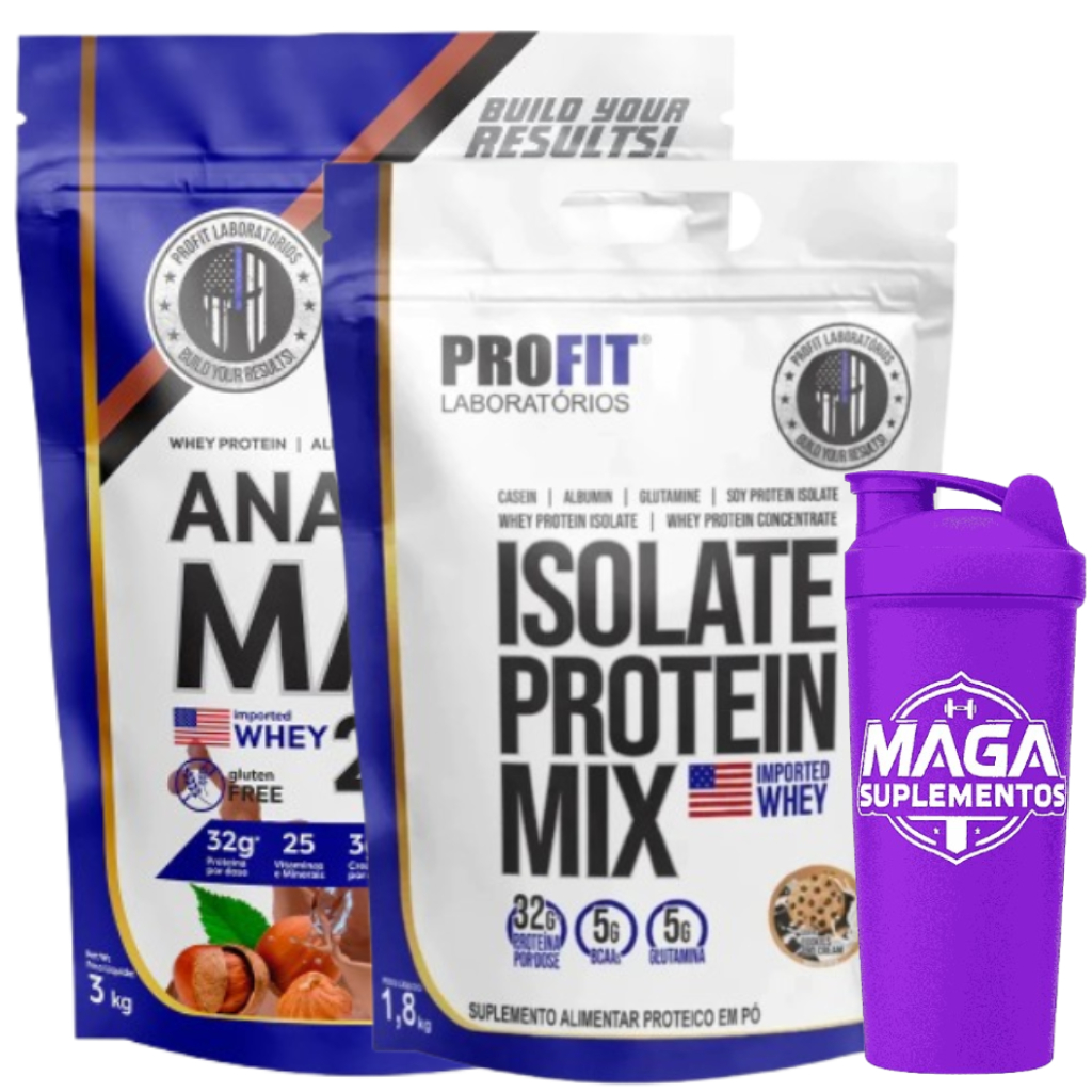 Kit Anabolic Mass 28500 Hypercalorico 3kg Profit+Isolate Protein Mix Profit Labs 1.8kg+Coqueteleira