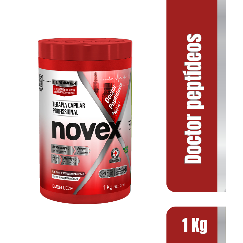 Pote de creme de tratamento capilar Novex Doctor Peptídeos e Rícino de 1kg com rótulo vermelho e branco