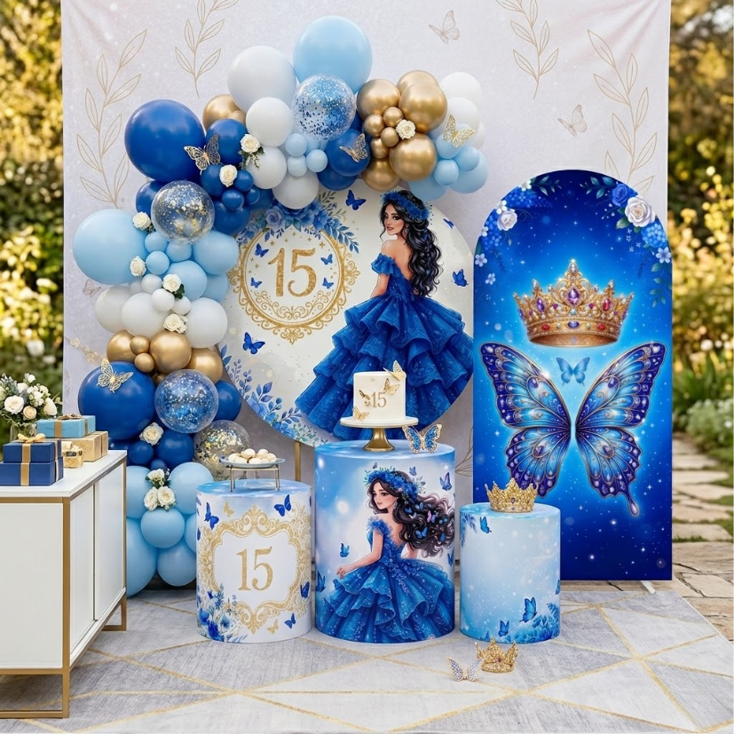 Capa Festivas Painel Redondo E Trio De Cilindros Tema 15 Anos Azul Dourado Festa Sublimado Bibi Paineis