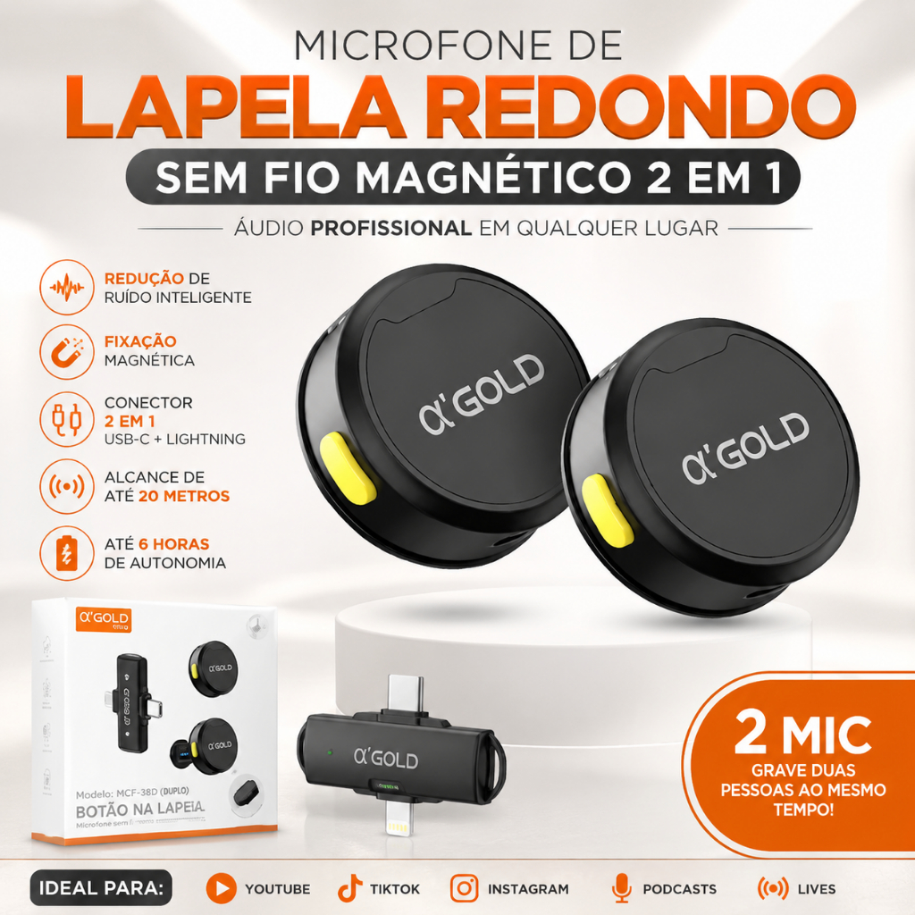 Microfone De Lapela Sem Fio Magnético 2 em 1 Tipo-C e iPhone Cancelamento de Ruído IA Premium Botão