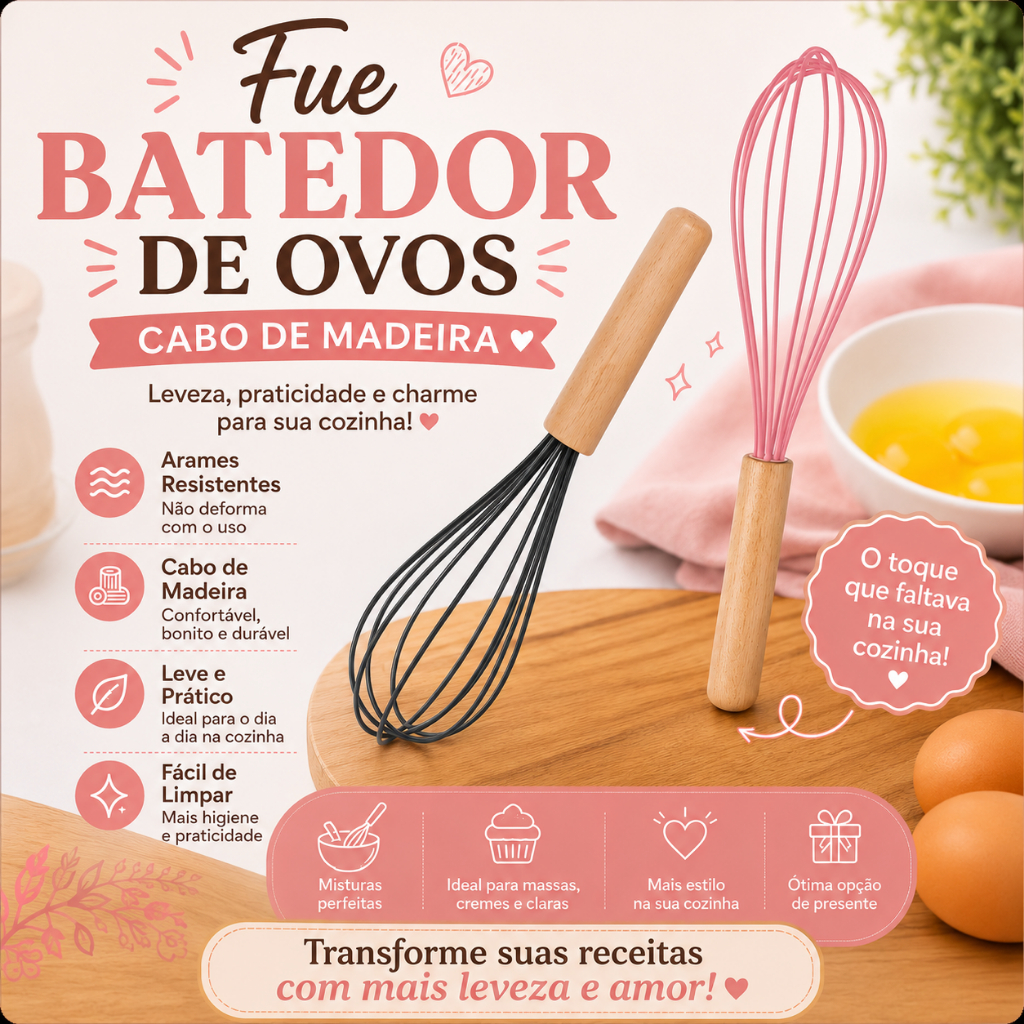 Fue Batedor de Ovos  Cabo de Madeira Cores À Escolha