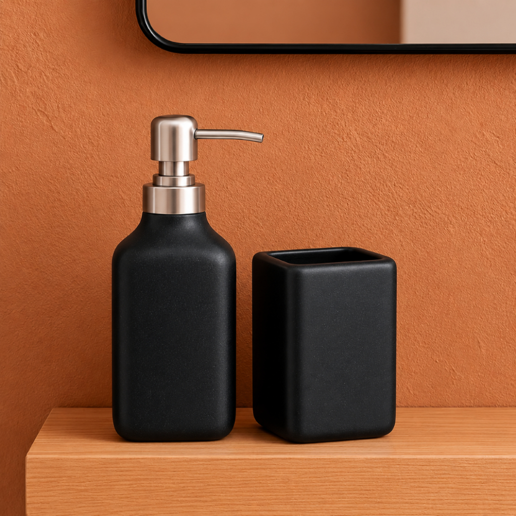 Kit Banheiro Lavabo 2 Peças Duna Porta Sabonete Líquido e Suporte p/Escovas Cerâmica Pump Champagne