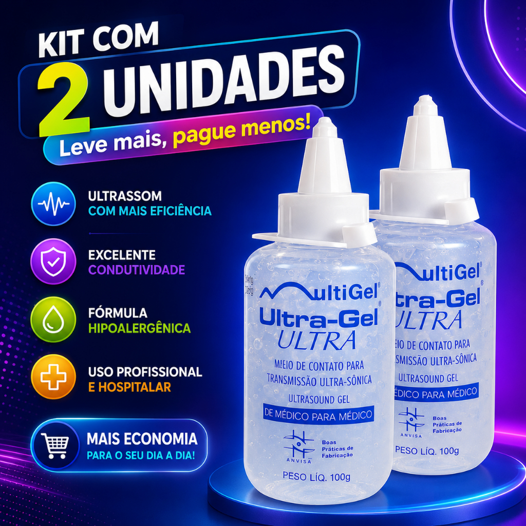 Kit 2 Gel Ultrassom Condutor 100g Incolor Não Gorduroso Uso Médico Ecógrafo Doppler Ultra Gel Multigel