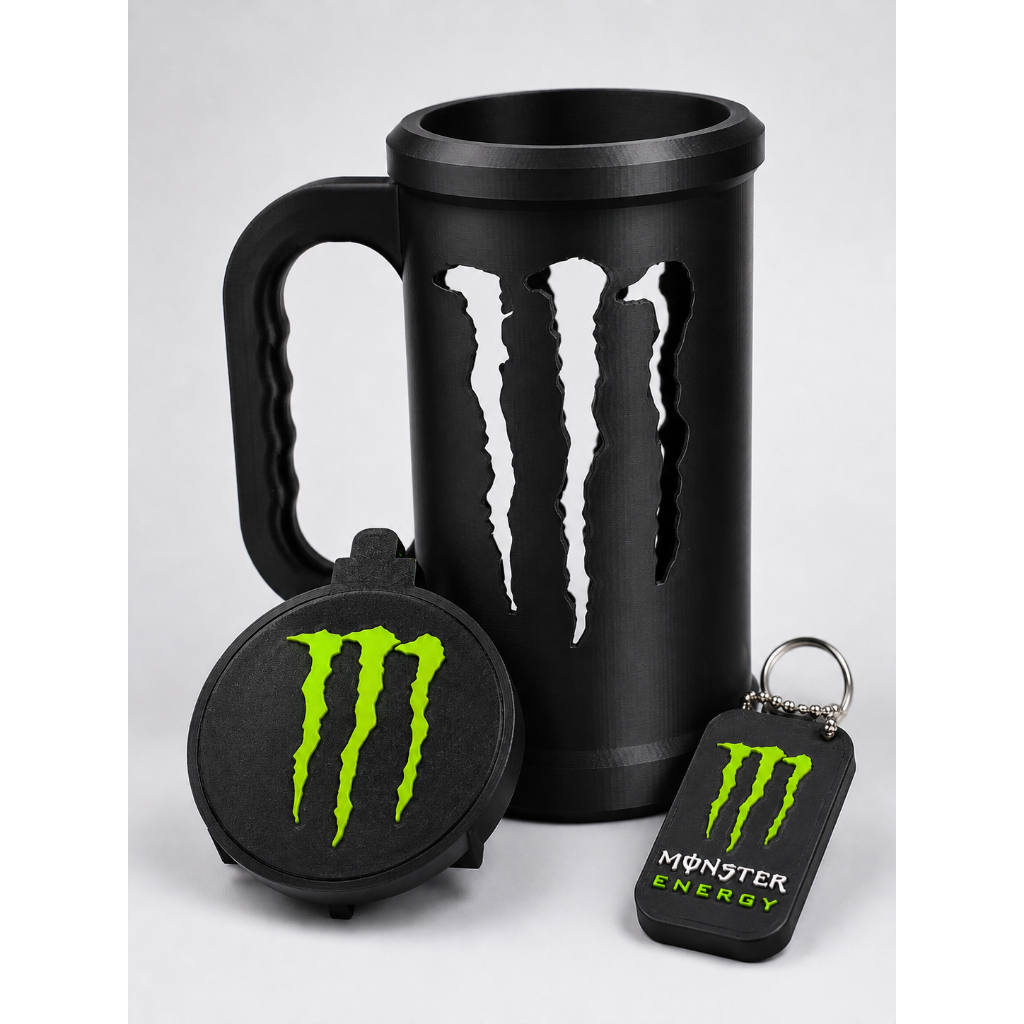 Kit Copo Porta Lata Monster Personalizado Com Tampa E Chaveiro Abridor Alto Relevo