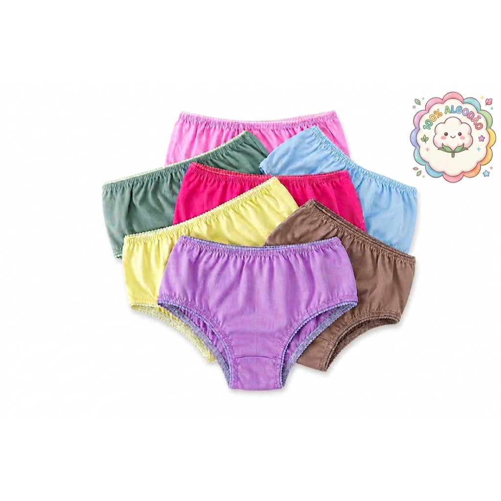 Kit Calcinhas Infantil Menina 100% Algodão Lisa Antialérgica