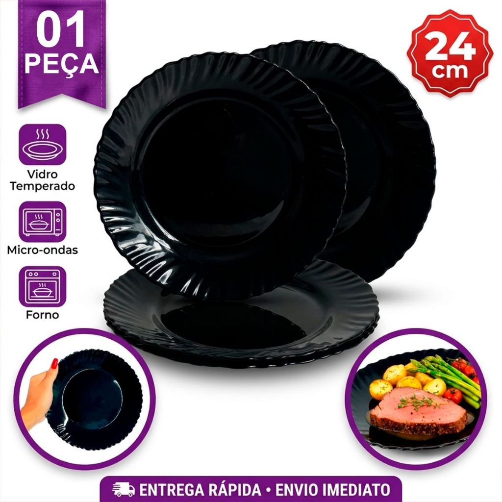 Prato Raso Vidro trabalhado Opaline Preto Black 24cm Importado Reposição 1 PEÇA