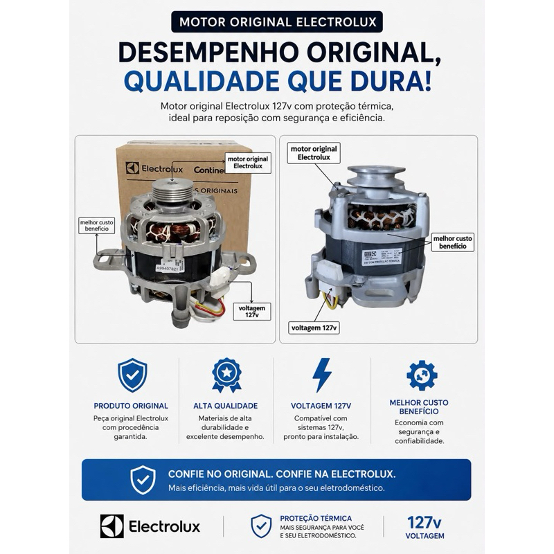 Motores para maquina de lavar Electrolux 110V Original Polia V ou Estriada | Escolha a Variação