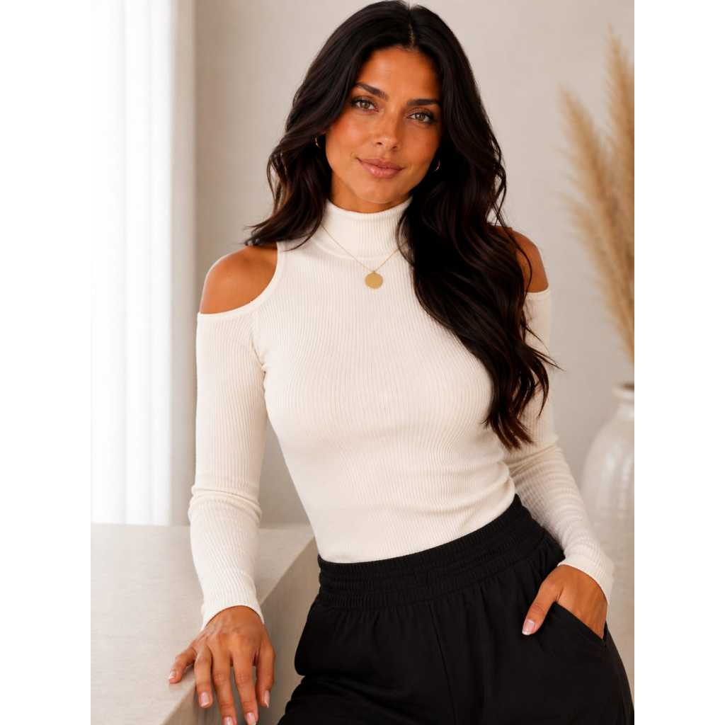 Blusa Canelada Feminina Decote Ombro Gola Alta Blusa Manga Longa Casual Elegante Dia a Dia — imagem 2 de 2