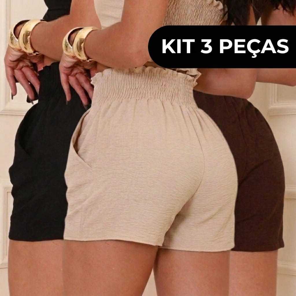 Kit 3 Shorts Feminino Duna Cintura Alta com Lastex Soltinho Confortável Não Transparente com Bolso Moda Verão