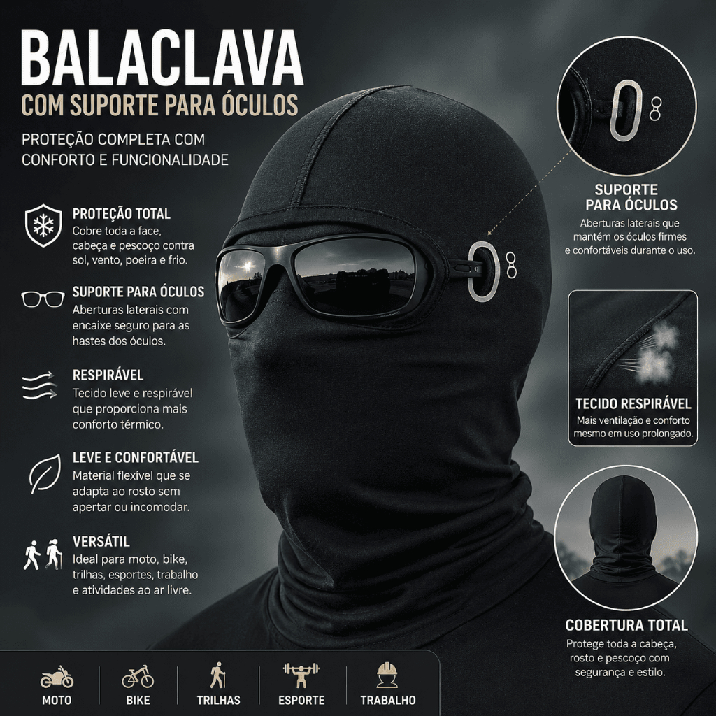 Balaclava preta respirável com suporte para óculos térmica leve confortável para moto bike trilha