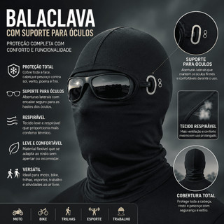 Balaclava preta respirável com suporte para óculos térmica leve confortável para moto bike trilha