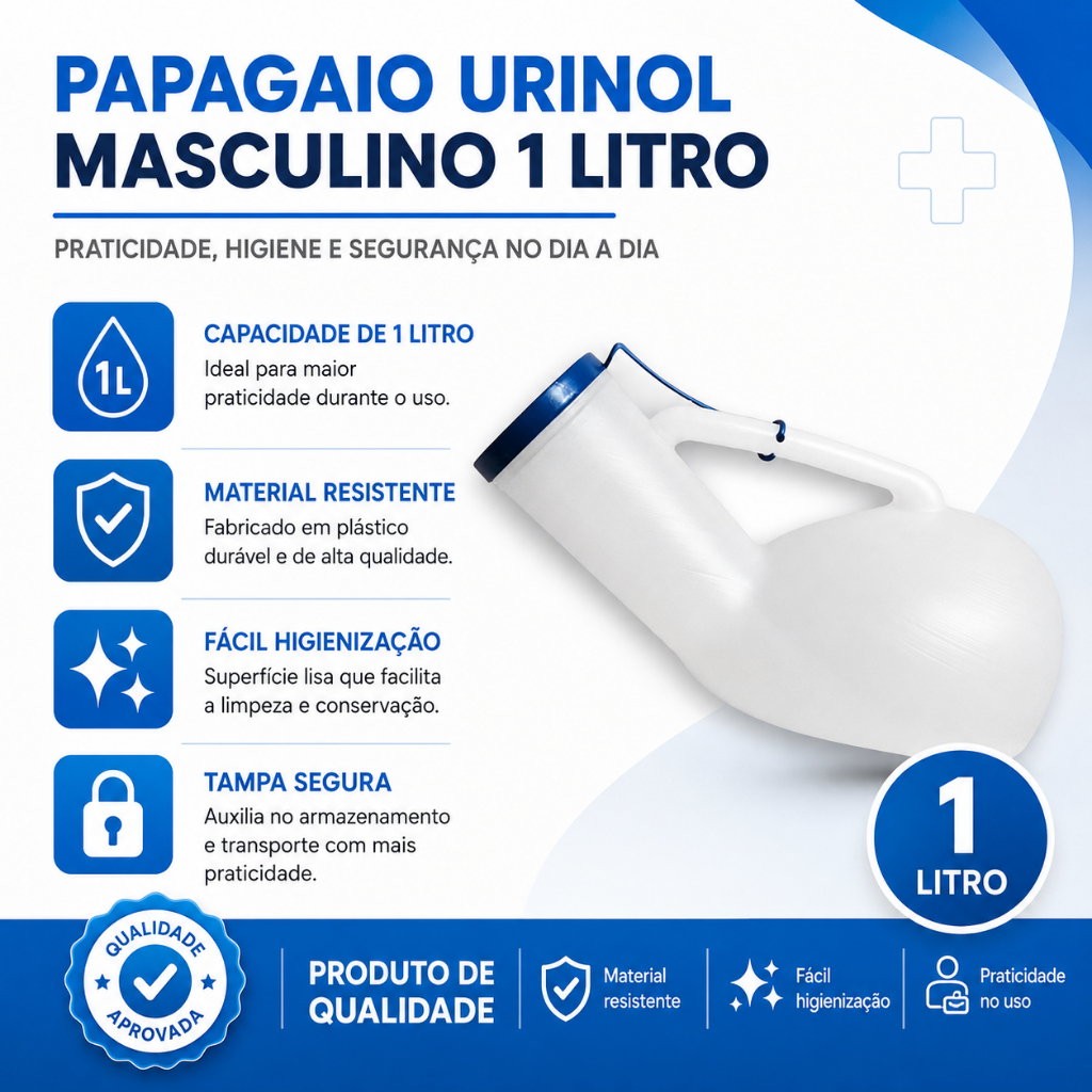 Urinol Papagaio Plástico Reutilizável C/ Tampa 1 LITRO - CELLPUS