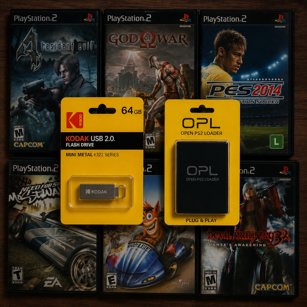 Kit OPL PS2 Slim Memory Card + Pendrive 64GB 28 Jogos Pronto Para Jogar