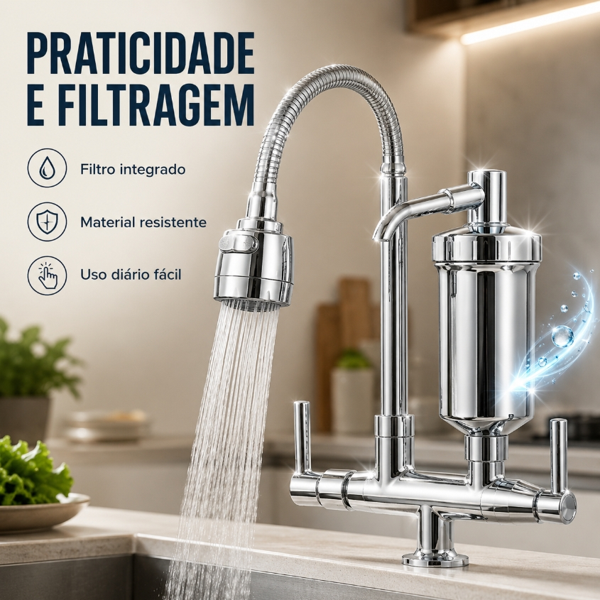 Torneira Filtro Gourmet Bancada Flexível Inox 1/4 de Volta Torneira Cozinha Purificador de Água