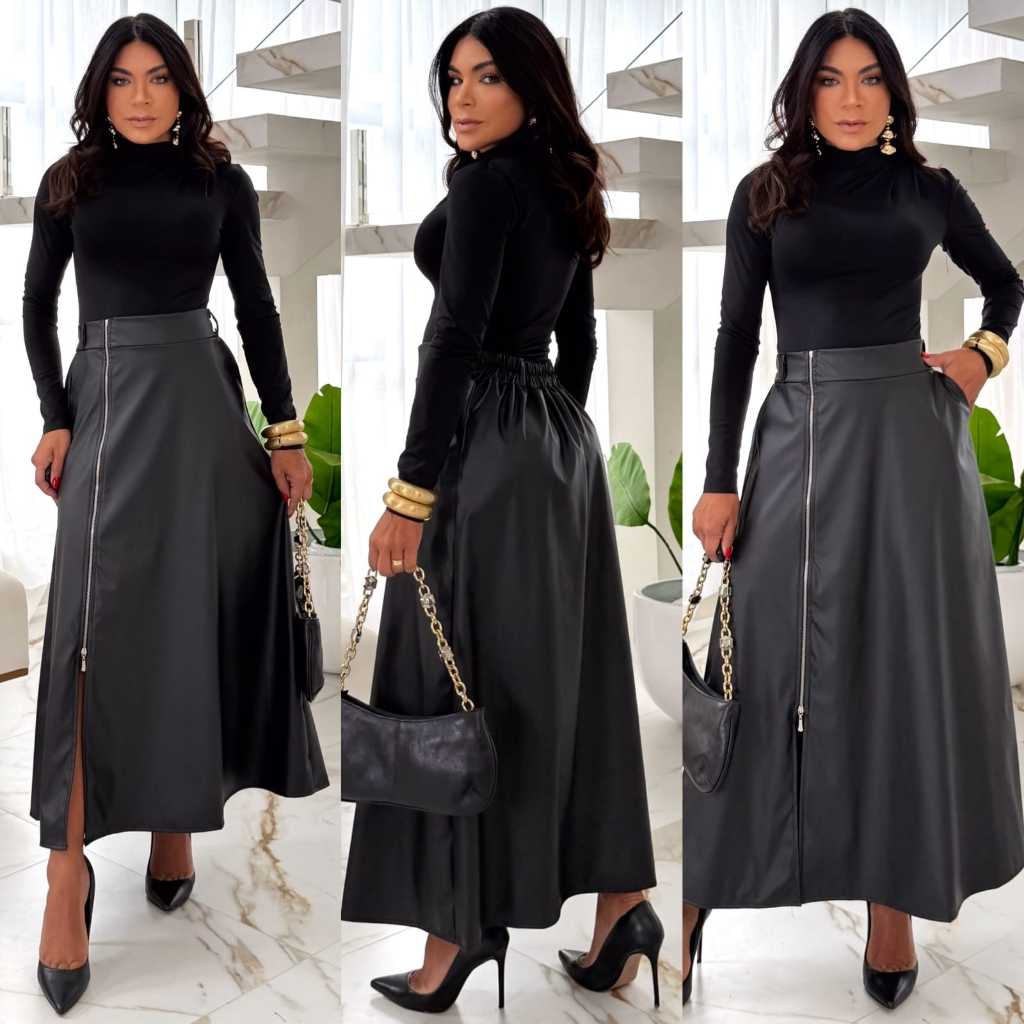 Saia Midi de Couro Femenino Evangélico Elegante com Zíper Frontal