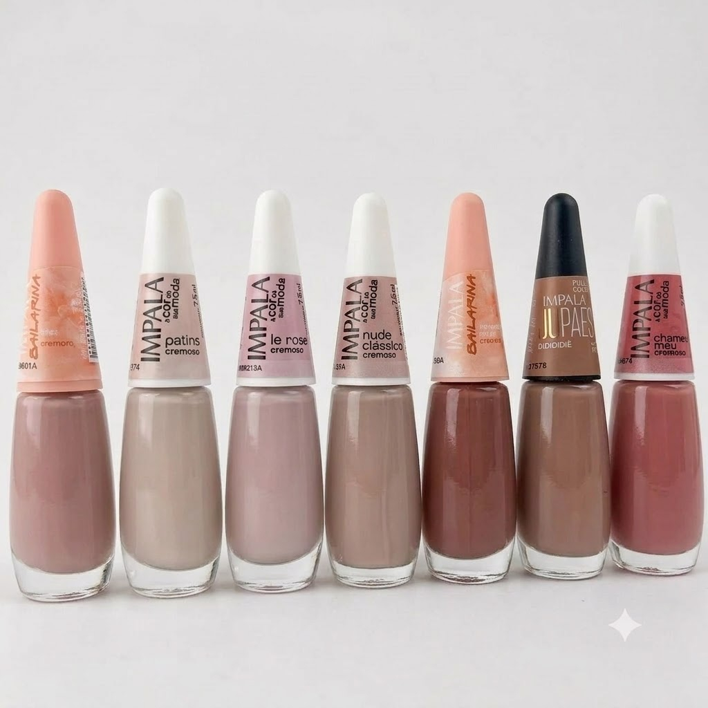 Kit 7 Esmaltes Impala Nude: Tutu, Patins, Le Rose, Nude Clássico, Ponta do Pé e Chamego Meu