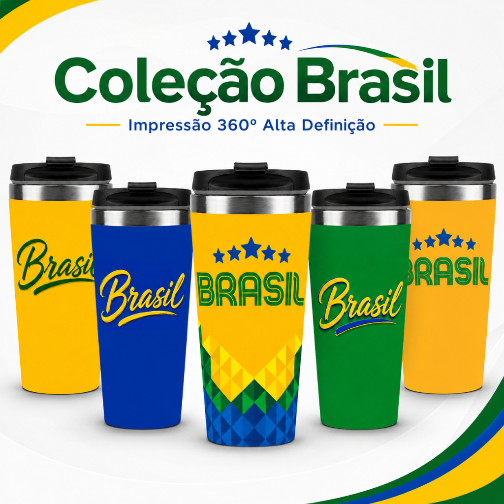 Copo Térmico SELEÇÃO BRASILEIRA 450ml | Impressão 360° Alta Definição | Tampa Hermética | Aço Inox Premium