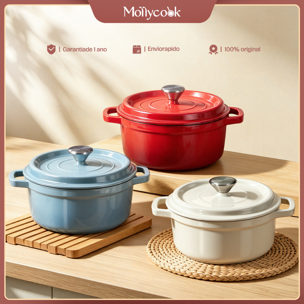 Mollycook Kit 2/3 Peças Panela Caçarola Ferro Esmaltado 22/24cm Com Tampa Para Todos os Fogões e Forno
