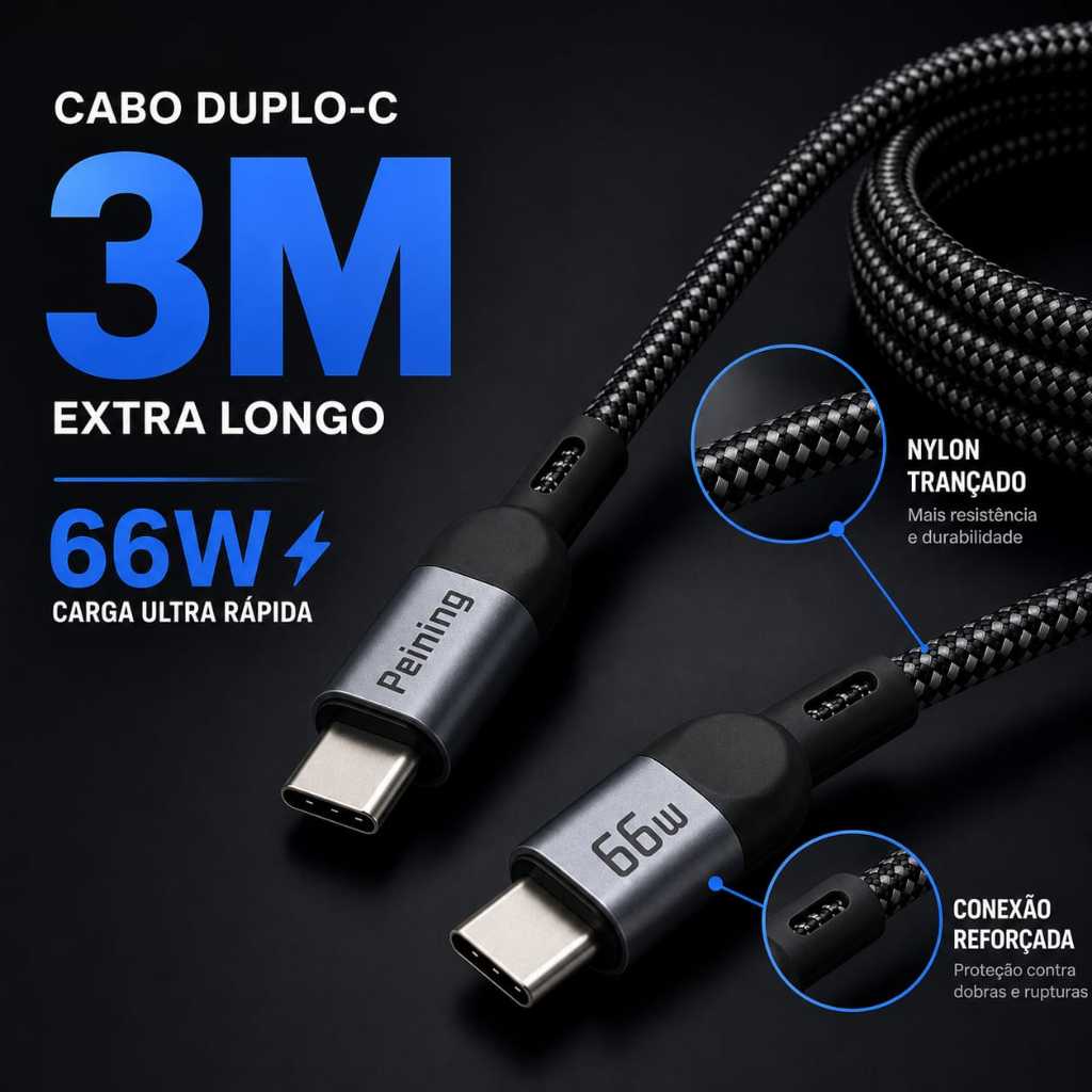 Cabo de Carregamento 3 Metros Turbo 66w Super Reforçado Tipo C Duplo Para Android e iPhone