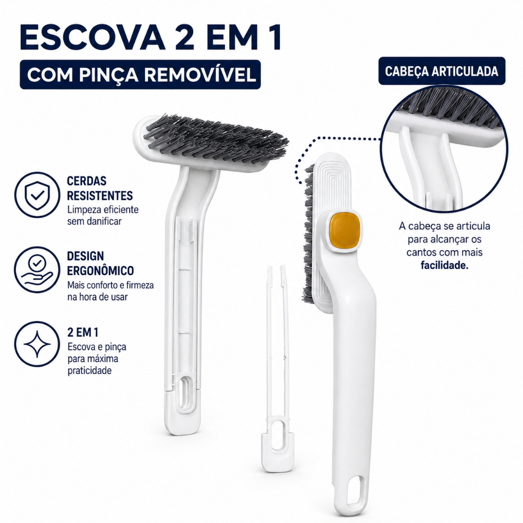 Escova Articulada 360° Com Pinça Coletora Removível Limpeza Multiuso Cantos Trilhos Janelas