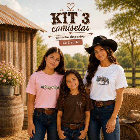 Kit 3 Camisetas Infantil Femininas 100% Algodão Estampada em DTF Confortável Estampa Country Cavalos e Coração no Peito