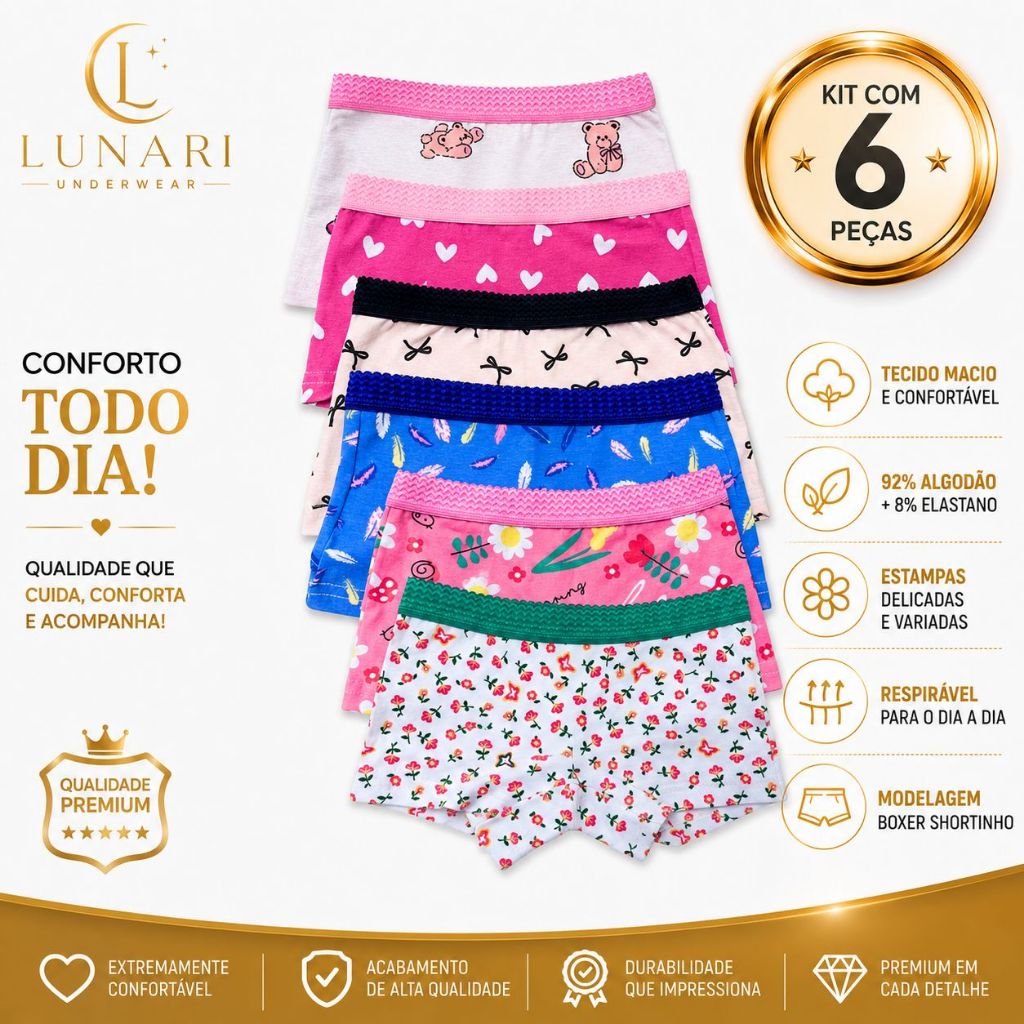 Kit 6 Calcinha Box Boxer Shortinho Infantil Menina Algodão Estampas Sortidas