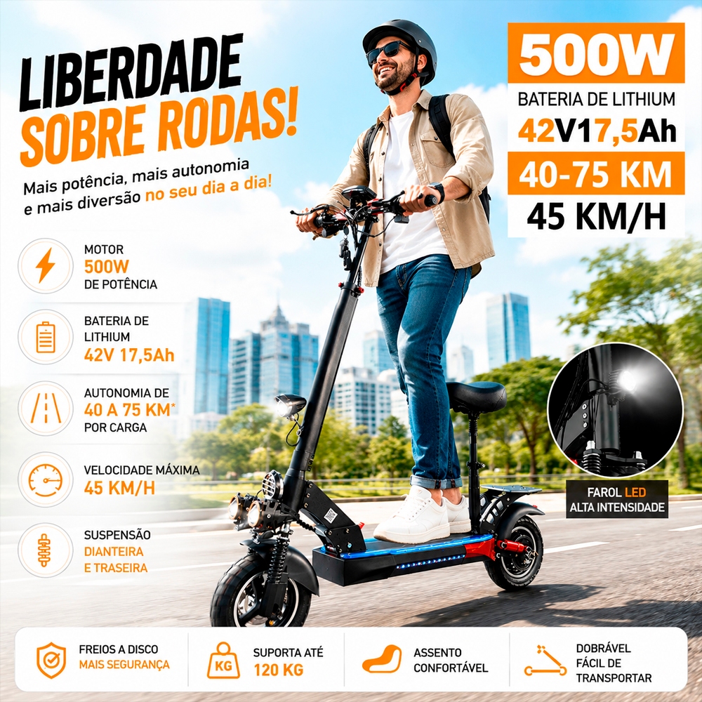 Patinete Elétrico Scooter Dobrável 48V 8Ah Até 40km/h Potente Com Assento 500w
