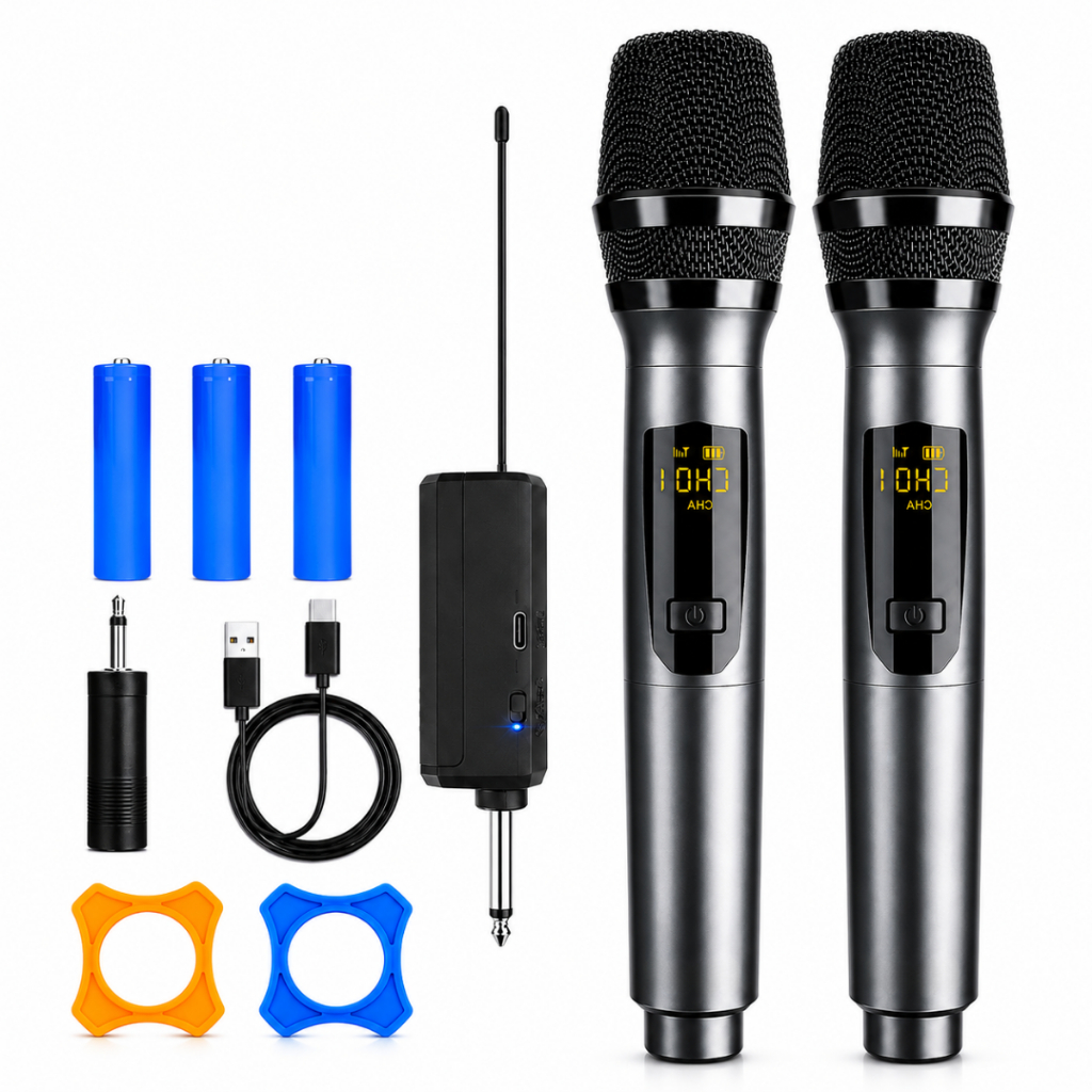 Kit 2 Microfones Sem Fio UHF Profissional Recarregável Duplo Com Receptor P10 e P2
