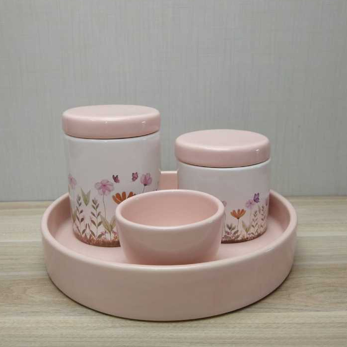Kit Higiene Bebe de Cerâmica Jardim Encantado Rose com Bandeja Redonda Rose