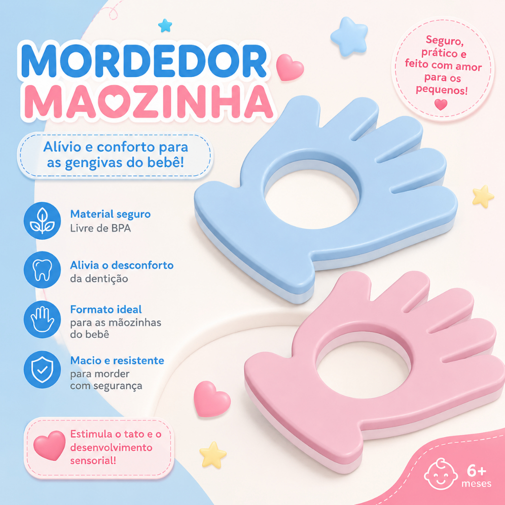 Mordedor Mãozinha Macio Para Dentição Alivio Gengiva Do Bebê Azul Rosa Mamita