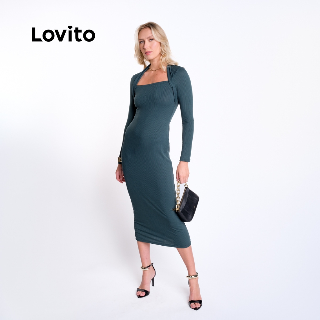 Lovito Vestido Feminino em Malha Canelada com Bolero Integrado DRB18971927 · foto 2
