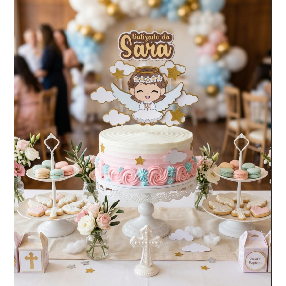 Topo de Bolo Batizado Personalizado Nome - Anjinho Menino ou Menina 3D Camadas - Topper Batismo Luxo
