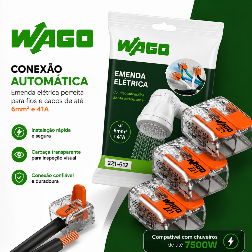 Conector Wago 4mm e 6mm Chuveiro 41A 221-612 Emenda Rápida Original 2 Polos 3 Peças chuveiros até 7500W