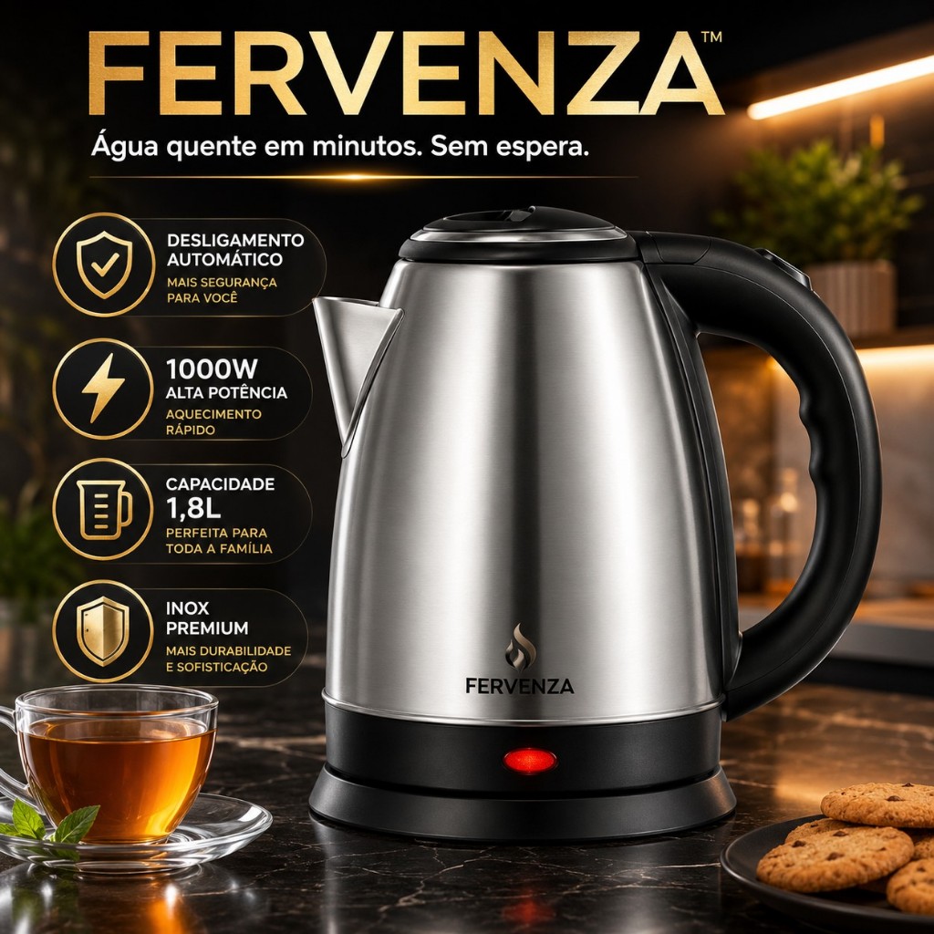 Chaleira Elétrica Inox 1,8L 1000W Aquecimento Rápido Desligamento Automático Café Chá