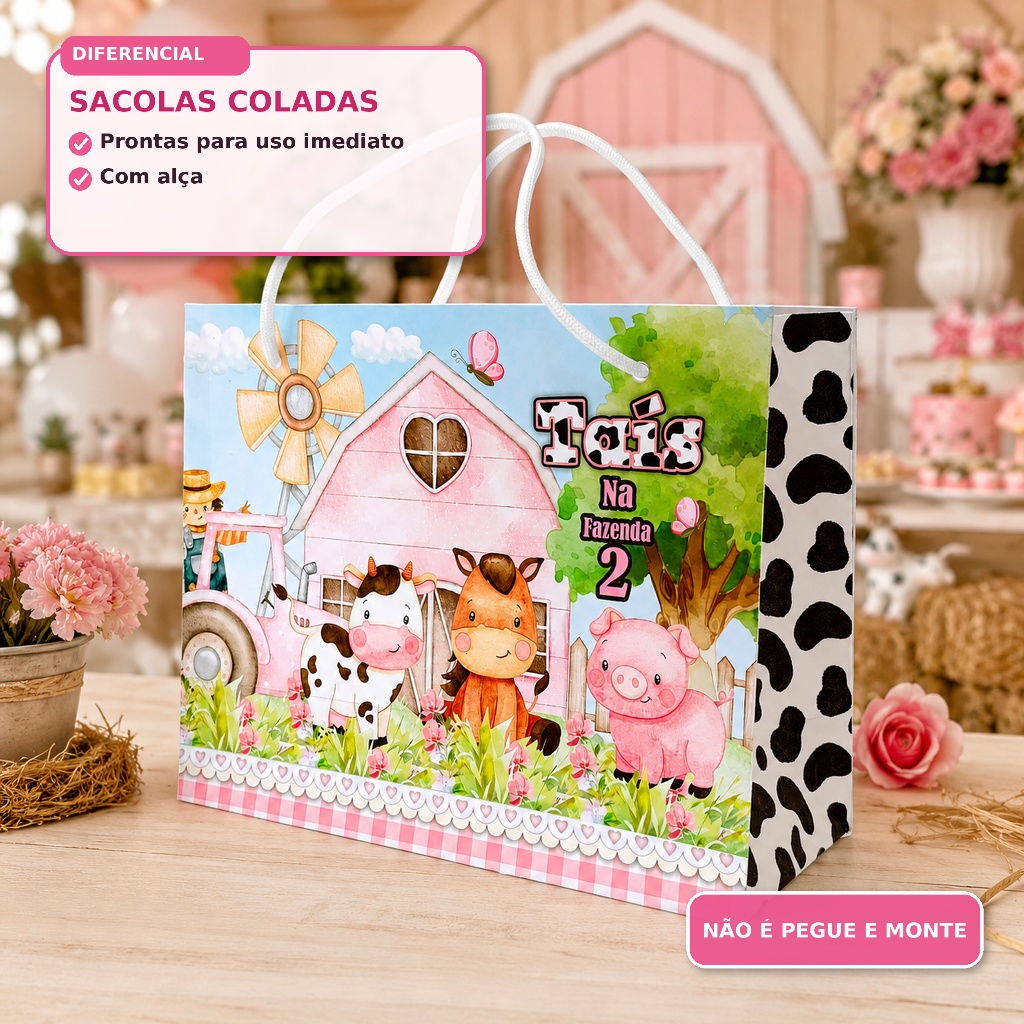 Sacolinha Fazendinha Rosa Personalizada | Nome e Idade | Lembrancinha Festa Infantil | 10 a 30 unidades