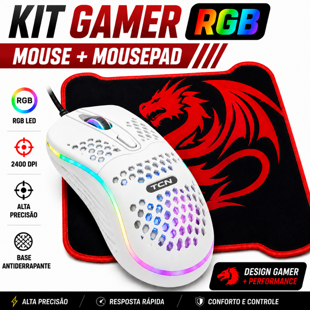 Kit Gamer Mouse RGB 2400 DPI + Mousepad Grande 70x30 Antiderrapante PC Notebook