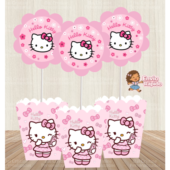 kit  Centro de Mesa Personalizado Caixa Cachepot  Hello kitty Cachepô Enfeite Arranjo