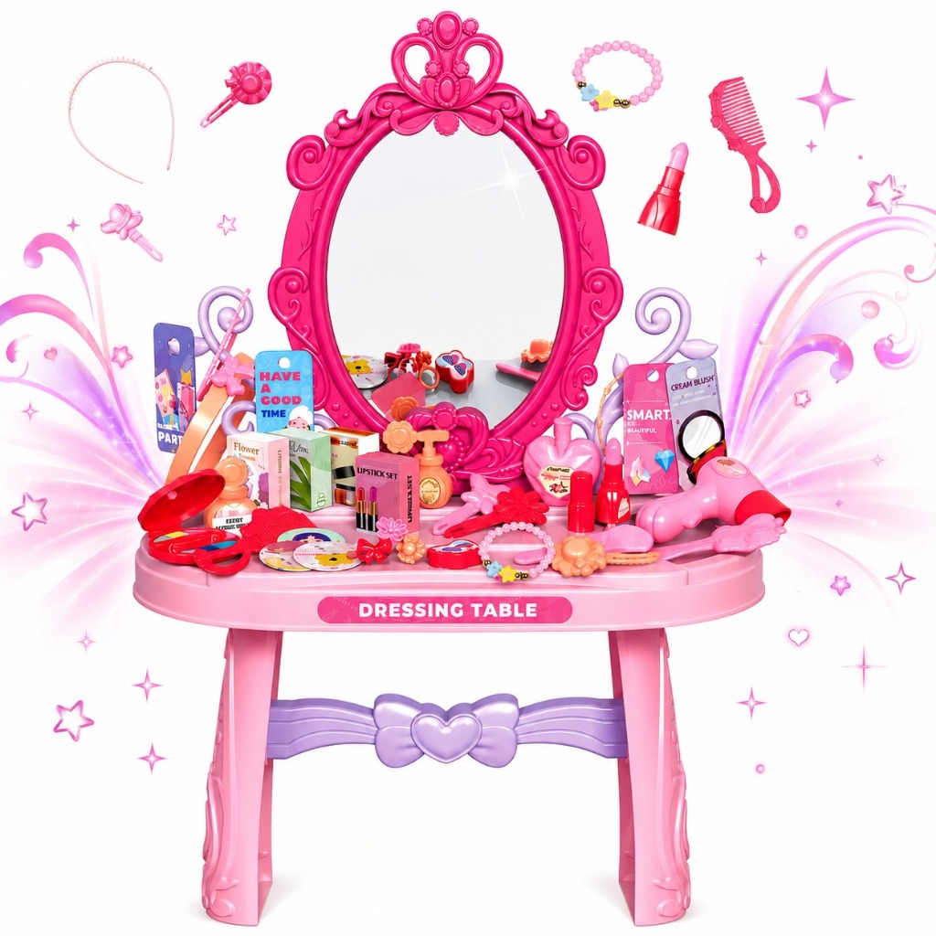 Penteadeira Infantil Princesa Rosa Com Espelho E 46 Acessórios Salão De Beleza Menina