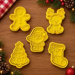 Kit 5 Cortadores de Biscoito Natal Com Carimbo Para Biscoitos Pasta Americana Biscuit